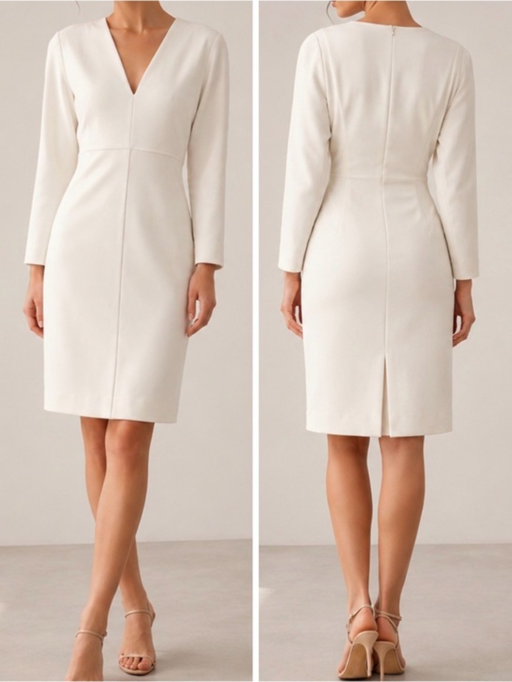 Smythe Chalk White V-Neck Minimalist Bridal Career Cocktail Sheath Dress